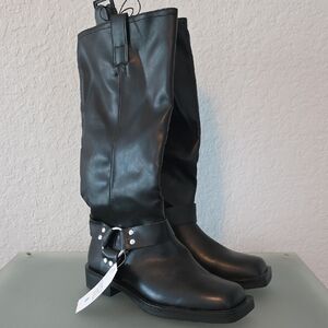 Time and Tru Black Tall Harness Boots with Silver Hardware